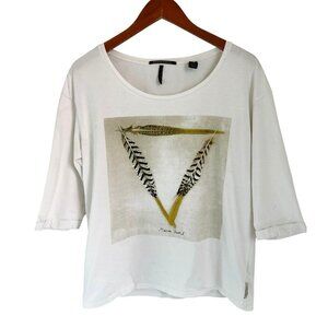 Maison Scotch Scoop-neck Tee 3/4 Sleeves Cotton Feather Design Size Med
